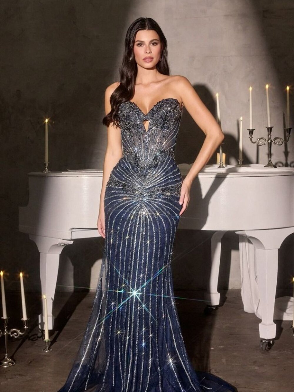 New Navy Strapless Rhinestones Embellished Festive Evening Mermaid CD KV1139